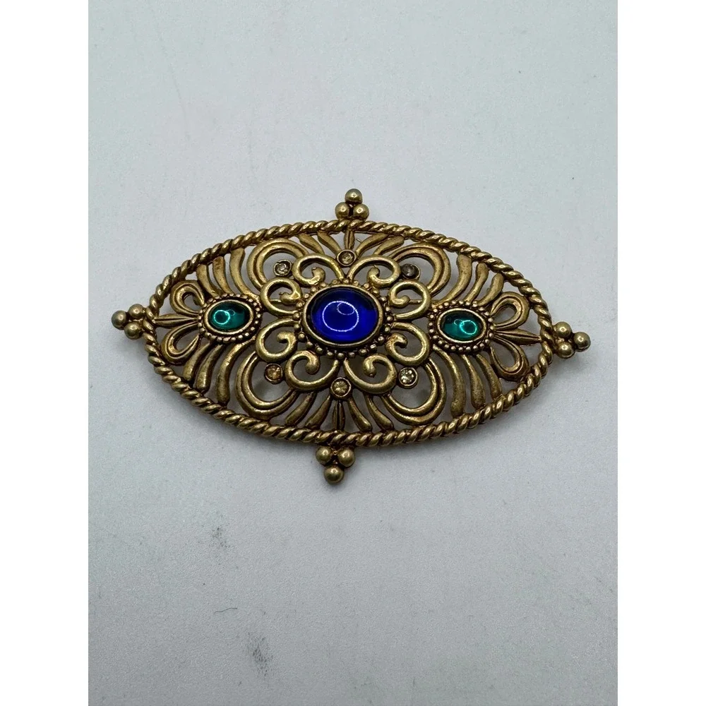 Vintage JJ Jonette Jewelry Gold Tone Filigree Blue Green Cabochon Brooch Pin